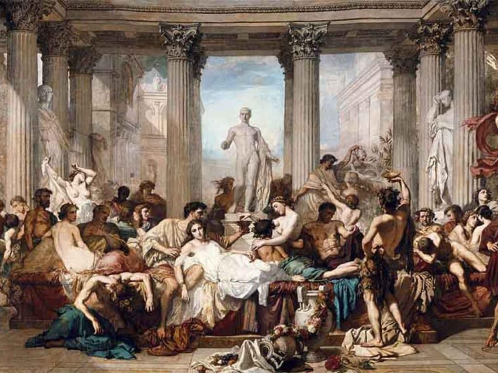 A lavish Roman-inspired banquet scene with numerous partially clothed figures indulging in excess, symbolizing decadence and moral scandals of the Middle Ages.