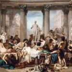 A lavish Roman-inspired banquet scene with numerous partially clothed figures indulging in excess, symbolizing decadence and moral scandals of the Middle Ages.