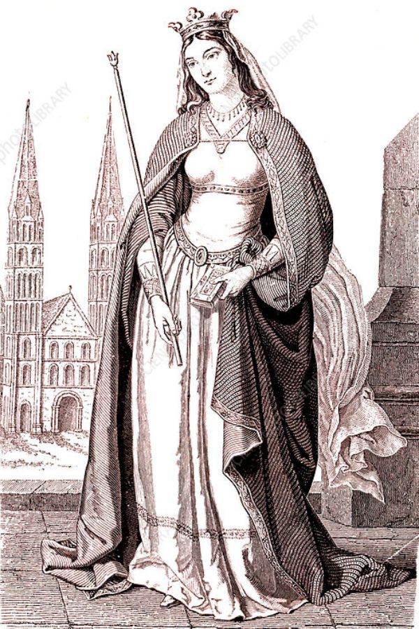 A 19th-century engraving showing a crowned queen in flowing robes, holding a scepter and a book, possibly connected to the life and family of Robert Curthose, with cathedral spires in the background.