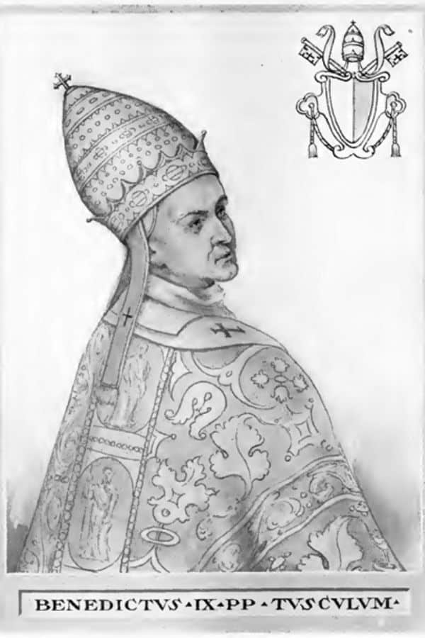 A monochrome illustration of a pope wearing elaborate papal robes and a tall mitre, referencing corruption and power scandals of the Middle Ages.