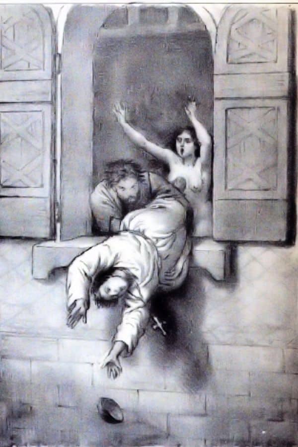 A dramatic drawing of a man being pushed out of a window by another figure while a shocked woman looks on, an event associated with scandals of the Middle Ages.