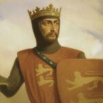 A painted portrait of Robert Curthose wearing a golden crown over chainmail, holding a sword and a shield decorated with two golden lions on a red background, against a cloudy sky backdrop.