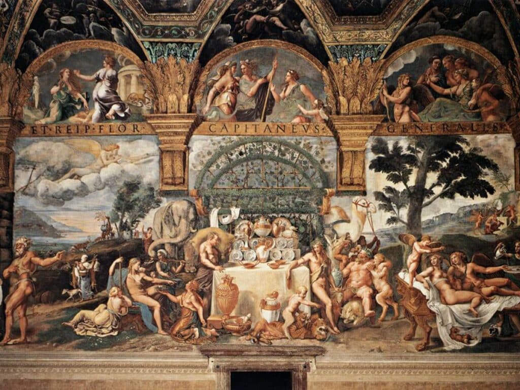 A fresco depicting mythological figures and nude bodies in an ornate setting, illustrating themes of indulgence and scandals of the Middle Ages.