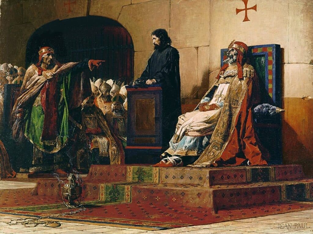 A painting of a courtroom with a decayed corpse dressed in papal garments on trial, known as the Cadaver Synod, one of the notorious scandals of the Middle Ages.