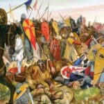 Illustration of a chaotic medieval battle scene from the Norman Conquest, showing Norman cavalry clashing with Anglo-Saxon soldiers on foot, with colorful shields, fallen warriors, and intense hand-to-hand combat.