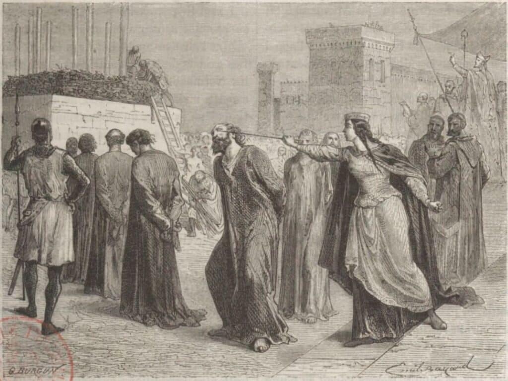 An old engraving showing a group of prisoners being led to execution while a woman points accusingly, linked to justice and scandals of the Middle Ages.