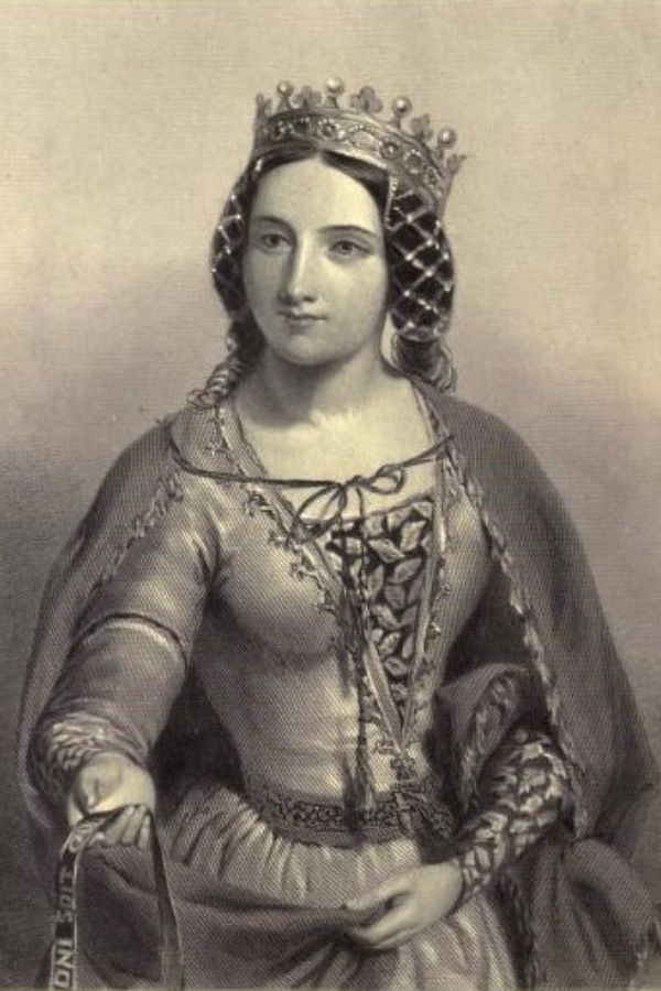 Engraved portrait of Anne Neville wearing a crown and late medieval gown, reflecting 19th-century romanticized depictions of English royalty.