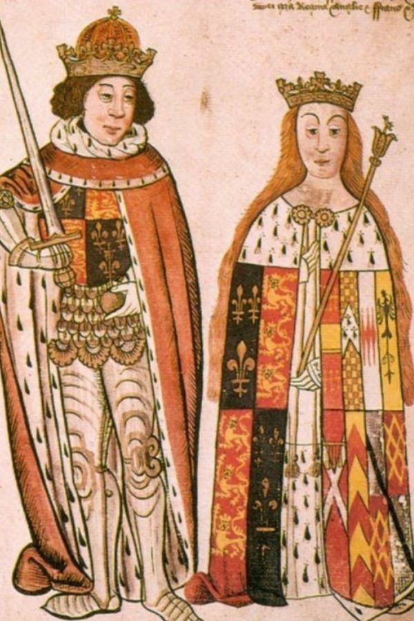 Medieval illustration of Anne Neville standing beside her husband Richard III, both in regal robes and crowns, symbolizing their royal status in 15th-century England.