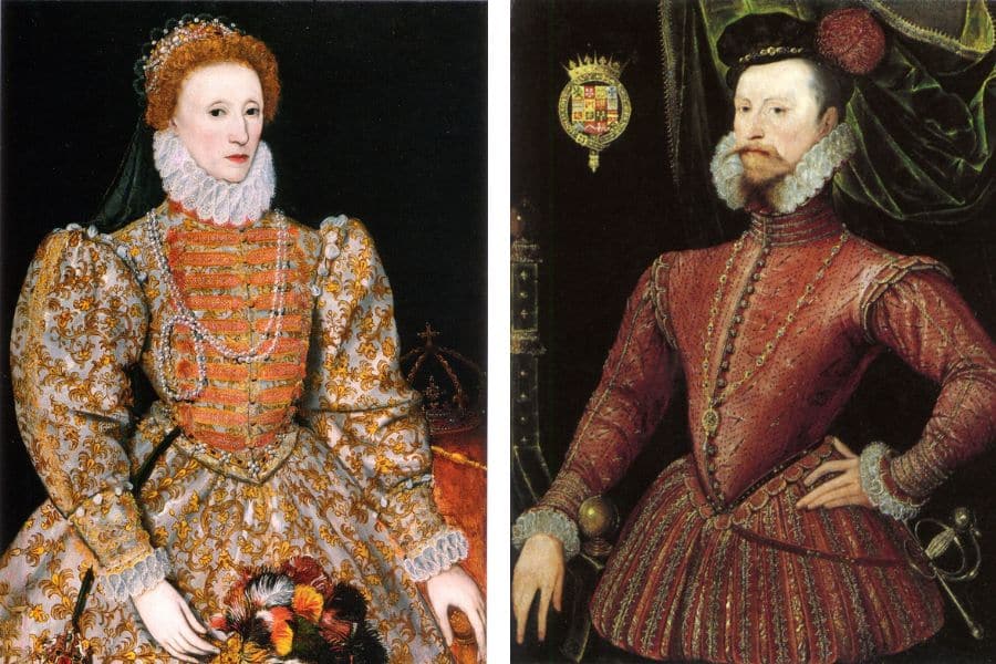 Side-by-side portraits of Queen Elizabeth I in ornate gold-embroidered attire and Robert Dudley in a rich red doublet with a ruffled collar, both looking regal and composed. These historic figures are central to the story of Amy Dudley, whose death fueled rumors about Elizabeth and Dudley's relationship.