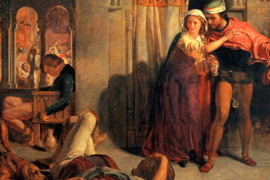 A romanticized painting shows a man helping a woman escape a dimly lit chamber, past unconscious or dead bodies, while chaos unfolds in the background. The scene suggests a daring escape from imprisonment or execution during the Tudor era.