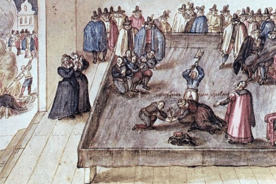 A historical drawing of a public execution depicts a kneeling figure on a platform surrounded by officials and onlookers, with a headsman mid-swing. The image portrays the theatrical and communal nature of Tudor executions.