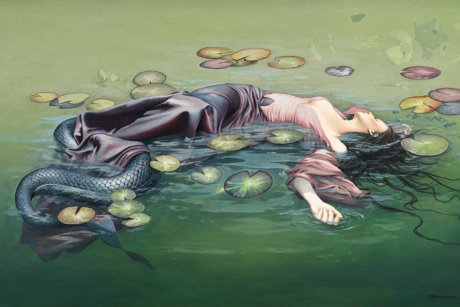 A fantasy illustration of Melusine floating lifelessly in a green pond, her long black hair fanning out in the water and her serpent tail partially submerged among lily pads. She wears a flowing, off-the-shoulder purple gown, blending surreal beauty with eerie stillness.
