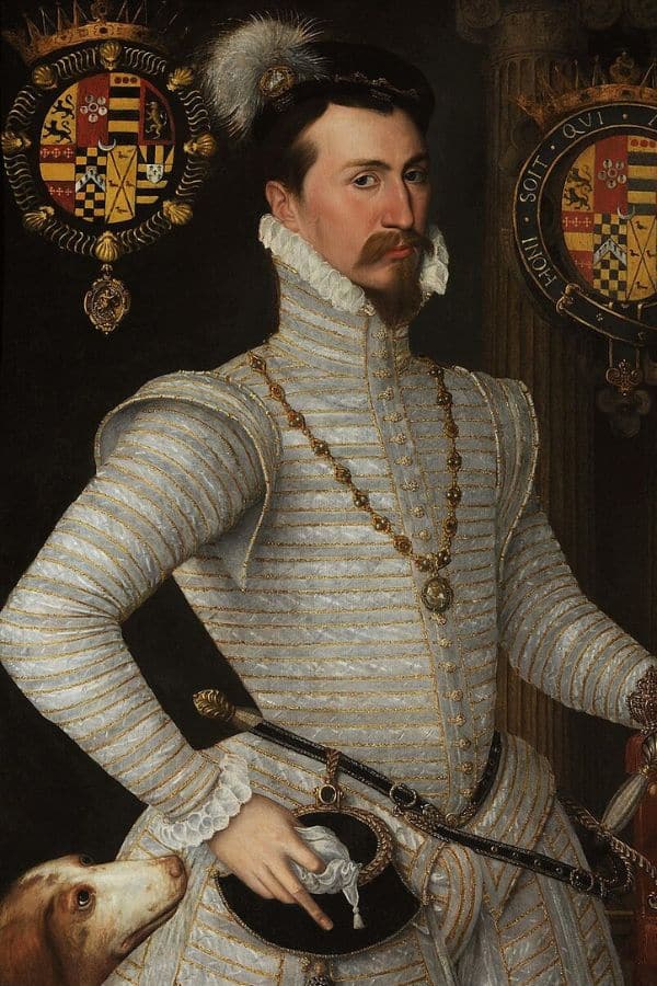 Portrait of Robert Dudley in a light-striped doublet with gold chain and sword, standing confidently beside a hunting dog. Robert Dudley, husband of Amy Dudley, was suspected by some of being involved in her controversial death, which remains unresolved.