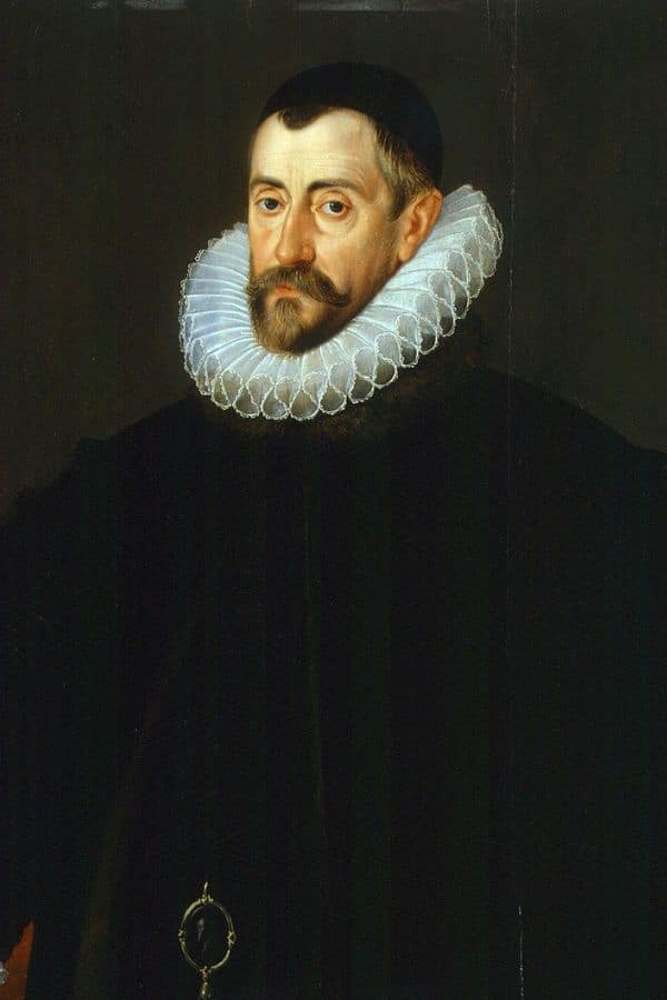 Portrait of a solemn man in dark Tudor attire with a large white ruff collar, wearing a cap and a contemplative expression. The muted palette and stark lighting reflect the somber tone often associated with Tudor deaths and the grim realities of court life during that era.
