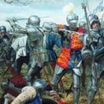 Dramatic painting of armored knights in violent melee combat during the Wars of the Roses. A central figure in red and gold livery strikes with a sword amid chaos, symbolizing the brutality of the conflict.
