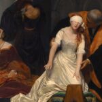 A wider version of the execution scene showing Lady Jane Grey blindfolded in a white gown, being guided to the block by a man in a fur-lined robe. A sorrowful lady-in-waiting collapses in grief in the background.