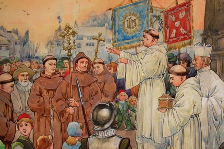 Illustration of medieval monks and clergy addressing a gathered crowd, with religious banners and relics on display. The scene evokes the turbulent religious tensions during Henry VIII’s rule, which fueled several plots to kill the monarch.