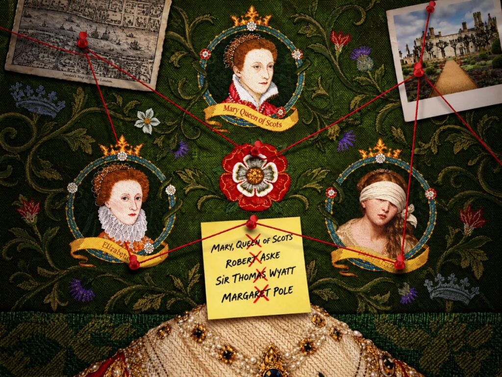 An embroidered tapestry showcasing three Tudory Queens with red murder style tape threading through the image