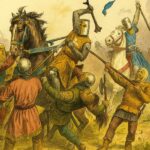 Illustration of a chaotic scene from a historic medieval battle, where armored knights on horseback clash with foot soldiers wielding axes and spears in a dusty, crowded battlefield.