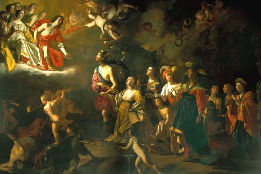 Dramatic Baroque painting depicting a celestial scene with mythological figures and richly dressed courtiers looking upward. The central male figure on the ground has been interpreted by some historians as George Villiers, shown ascending toward a divine or allegorical realm.