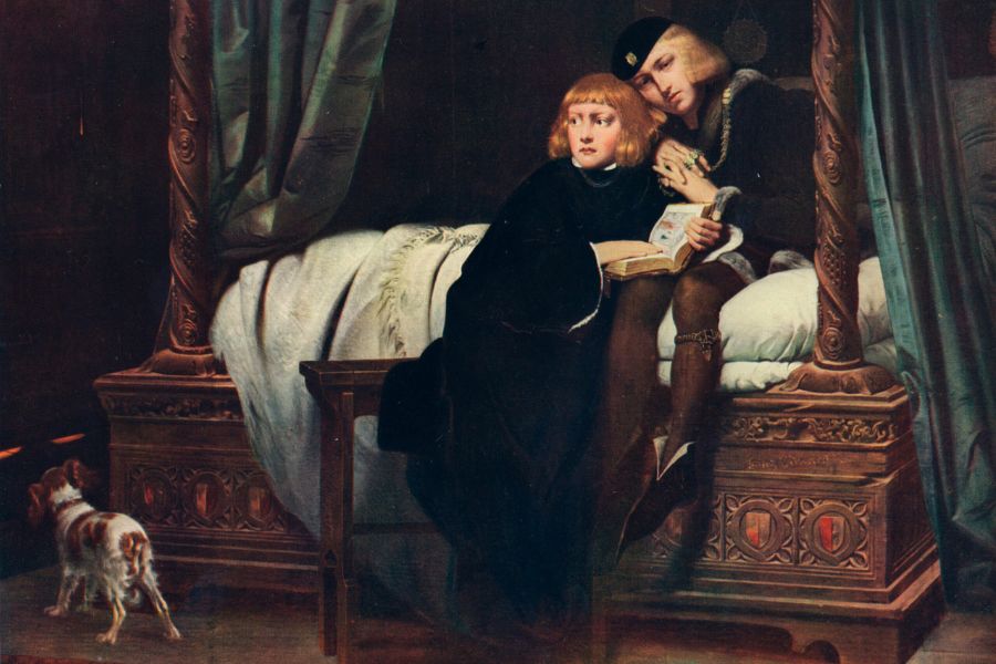 Painting of the Princes in the Tower, depicting Edward V and his younger brother Richard, Duke of York, sitting closely on a four-poster bed in fear, with one holding a book and the other looking anxiously toward a shadowed doorway. A small dog stands alert at the foot of the bed, enhancing the scene’s tense atmosphere and the sense of impending danger.