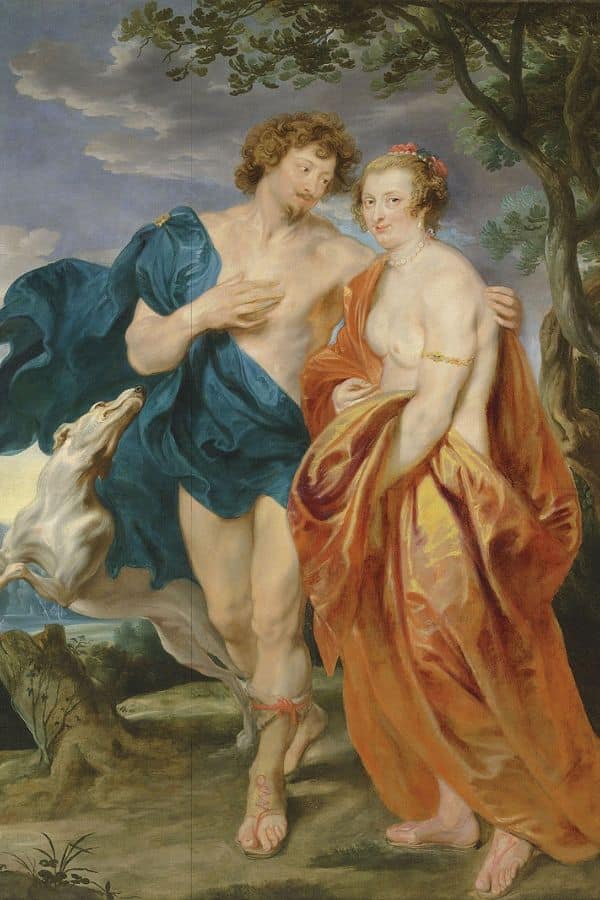 Classical-style painting of a mythological couple, one draped in blue and the other in red, embracing under a tree. While not a direct portrait, some suggest this allegorical work references George Villiers through symbolic storytelling.
