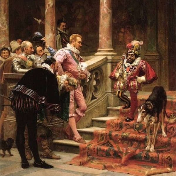 Oil painting of a court scene where Triboulet the Court Jester, dressed in a red and yellow jester costume with a staff, stands confidently on the stairs before a group of courtiers in Renaissance attire, with a tall dog beside him.