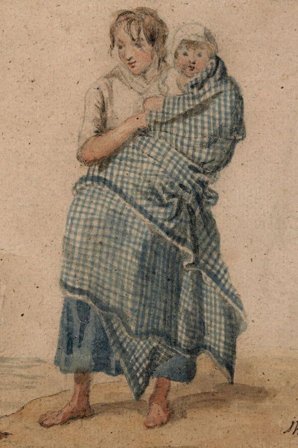 A historical illustration of a barefoot woman holding a baby wrapped in a blue gingham cloth, often believed to depict Margaret Dickson, known as Half Hangit Maggie, before her execution. Her simple clothing and maternal pose reflect her humble background.