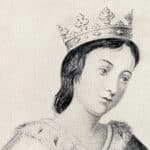 Sketch of a young crowned woman in medieval dress with short dark hair and a fur-trimmed cloak, possibly a representation of Eleanor of Provence, queen consort to King Henry III of England.