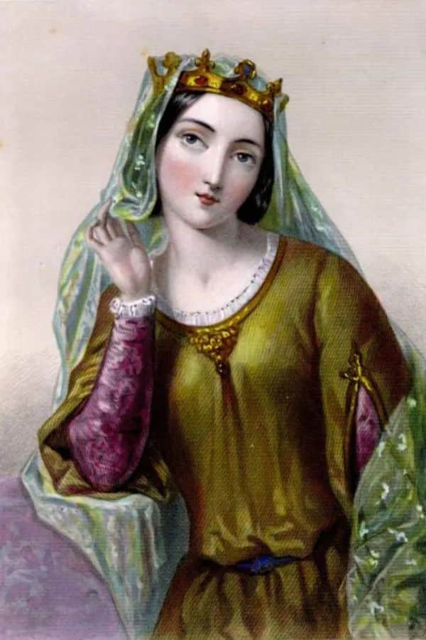 A romanticized illustration of Isabella of Angouleme wearing a golden crown and green veil over a flowing gown, posed gracefully with one hand raised near her face. This 19th-century portrayal emphasizes her youthful beauty and noble status as Queen of England.