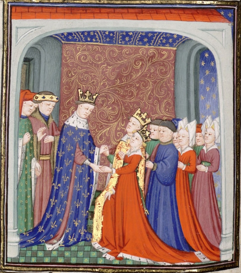 A medieval illustration of a royal wedding, showing a crowned king and queen in ornate robes holding hands before a red and gold tapestry. This scene likely depicts the marriage of Joan of the Tower and David II, surrounded by attendants in richly colored garments.
