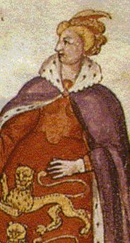 A medieval-style depiction of a queen in a red and gold gown adorned with lions, wearing a fur-trimmed purple cloak and crown. This illustration represents Joan of the Tower, shown with stylized features and regal posture.