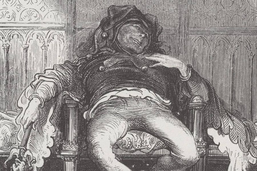 Detailed etching of Triboulet the Court Jester slouched dramatically on a throne-like chair, his eyes closed and jester hat drooping, suggesting exhaustion or exaggerated theatrical rest.