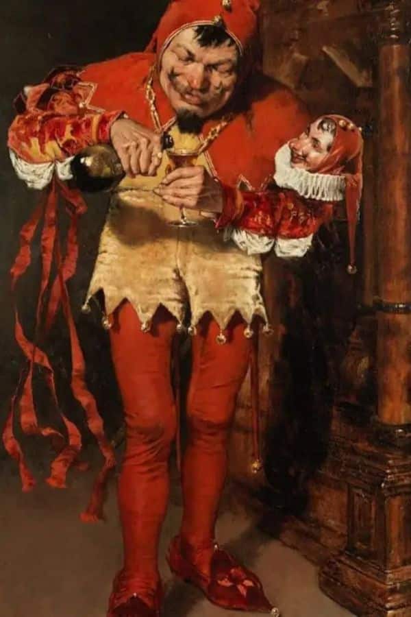 Color painting of a grinning jester, likely portraying Triboulet the Court Jester wearing a bright red and gold costume while pouring a drink, with a puppet styled in his likeness perched on his arm.