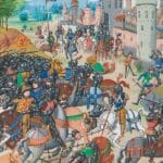 Colorful manuscript-style artwork of heavily armored knights in battle near a city with towers and tents, illustrating chaos and hand-to-hand combat. This scene captures the intensity of medieval warfare, including battles like Neville's Cross.