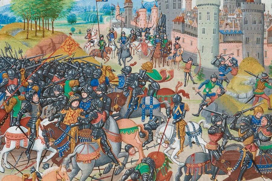 Colorful manuscript-style artwork of heavily armored knights in battle near a city with towers and tents, illustrating chaos and hand-to-hand combat. This scene captures the intensity of medieval warfare, including battles like Neville's Cross.