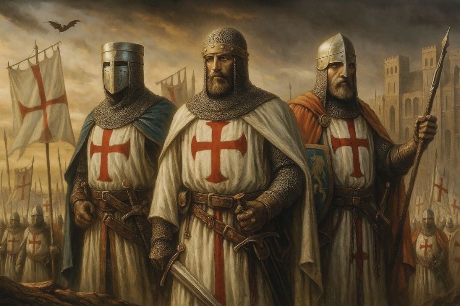Dramatic painting of three armored Knights Templar at the Tower of London with red-cross tunics and weapons, surrounded by fellow crusaders carrying white flags marked with red crosses. A dark sky and a flying bat add a sense of foreboding.