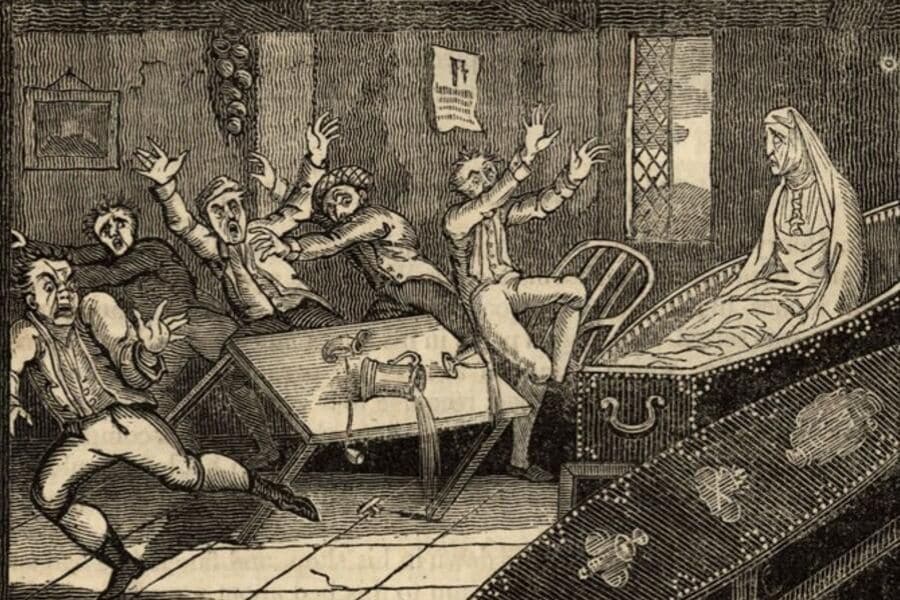 A vintage woodcut scene of a woman in burial clothes sitting upright in a coffin, shocking a group of men in a tavern, symbolizing the urban legend of Margaret Dickson’s return to life after being hanged.
