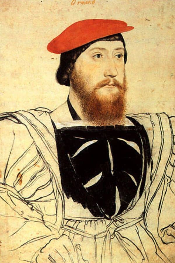 Hand-drawn portrait of a bearded man in Tudor-style clothing with a red cap and black doublet, partially colored over a sketched body. Although not Jane Boleyn herself, this image may depict a figure from her historical circle or era.
