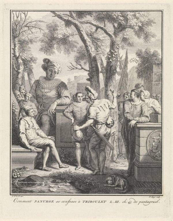 Engraving titled “Comment Panurge se confesse à Triboulet” showing Triboulet the Court Jester seated and listening as a man gestures animatedly, surrounded by a crowd in a wooded courtyard scene from Pantagruel.