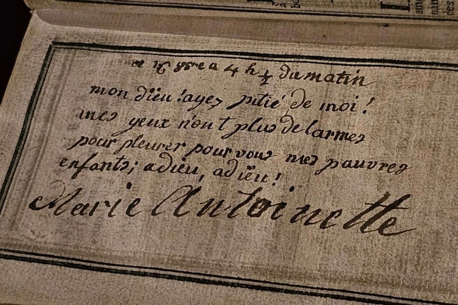 A handwritten farewell letter signed by Marie Antoinette, expressing grief and desperation in the early hours before her execution. The letter is a haunting artifact from the last days of Marie Antoinette.
