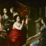 A Renaissance painting of women gathered around a seated figure in a red robe, with one woman holding what appears to be fabric or thread, subtly hinting at historical domestic tasks including menstrual care and hygiene practices in earlier centuries—relevant to how women managed their periods through history.