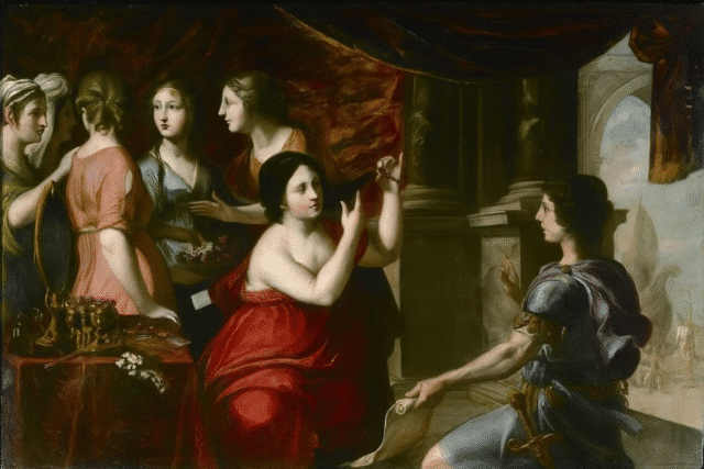 A Renaissance painting of women gathered around a seated figure in a red robe, with one woman holding what appears to be fabric or thread, subtly hinting at historical domestic tasks including menstrual care and hygiene practices in earlier centuries—relevant to how women managed their periods through history.