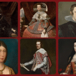 A collage of six historical portraits showing various members of the Spanish Habsburg dynasty. Each figure is dressed in elaborate period clothing, showcasing the lineage's influence and the visual evolution of royal fashion across generations.
