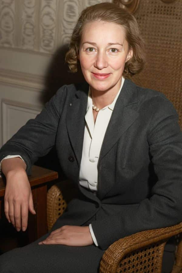 Colorized portrait of Marie-Madeleine Fourcade in a gray suit and pearl necklace, representing her poise and leadership as a key figure in the French Resistance.