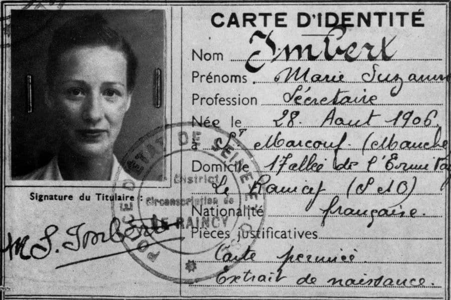 French identity card for Marie-Madeleine Fourcade under the alias “Marie Suzanne Imbert,” used as part of her espionage work during the war.