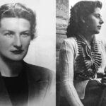 Side-by-side portraits of Virginia Hall in formal attire and another woman holding a rifle with a bandolier, illustrating Hall's dual role as a poised diplomat and daring resistance fighter.
