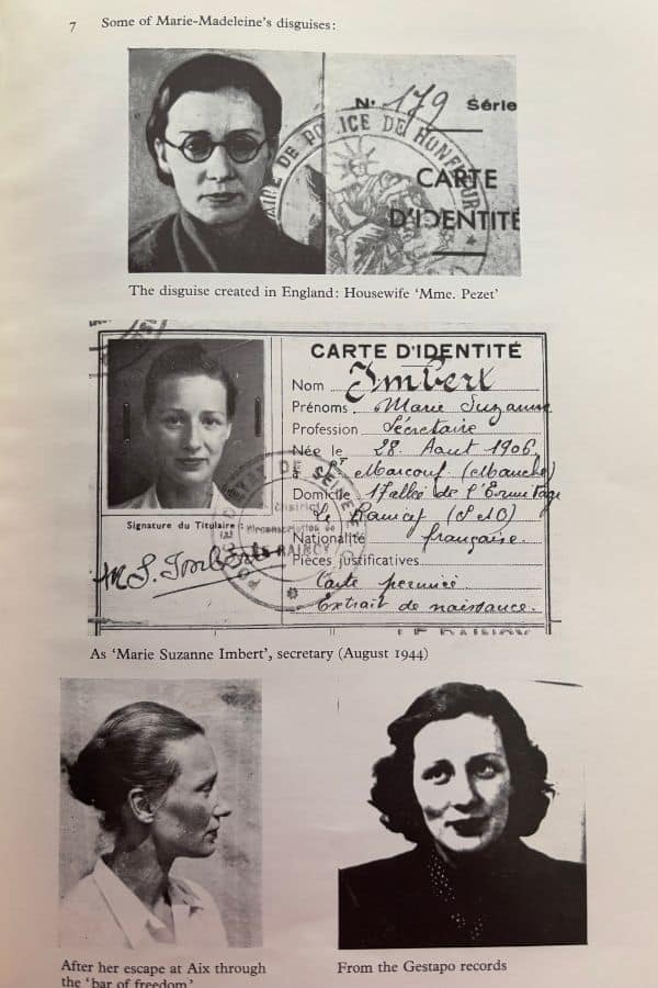 Page showing various disguises and aliases used by Marie-Madeleine Fourcade, including false identity cards and surveillance photos from the Gestapo.