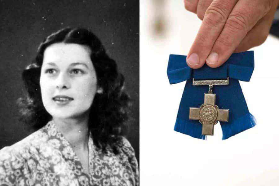 A split image shows a portrait of Violette Szabo beside a hand holding the George Cross medal awarded to her posthumously. This medal honors Violette Szabo’s extraordinary courage during WWII.
