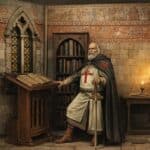 A medieval-styled room with Jacques de Molay standing in front of an open book on a wooden lectern, wearing a white tunic with a red cross and a dark cape, surrounded by bookshelves, candlelight, and stone walls. The scene evokes a scholarly and noble presence tied to the Knights Templar.
